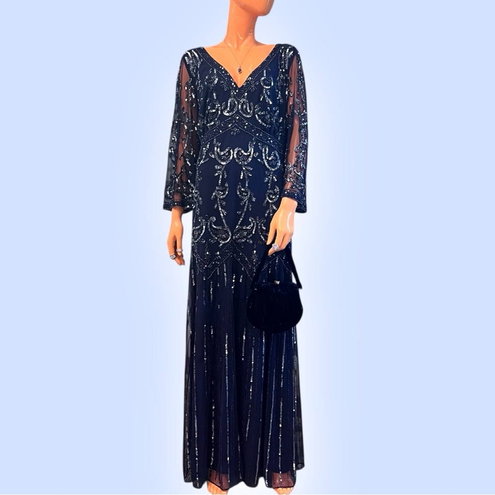 Roaman's Navy Beaded V‑Neck Maxi Dress